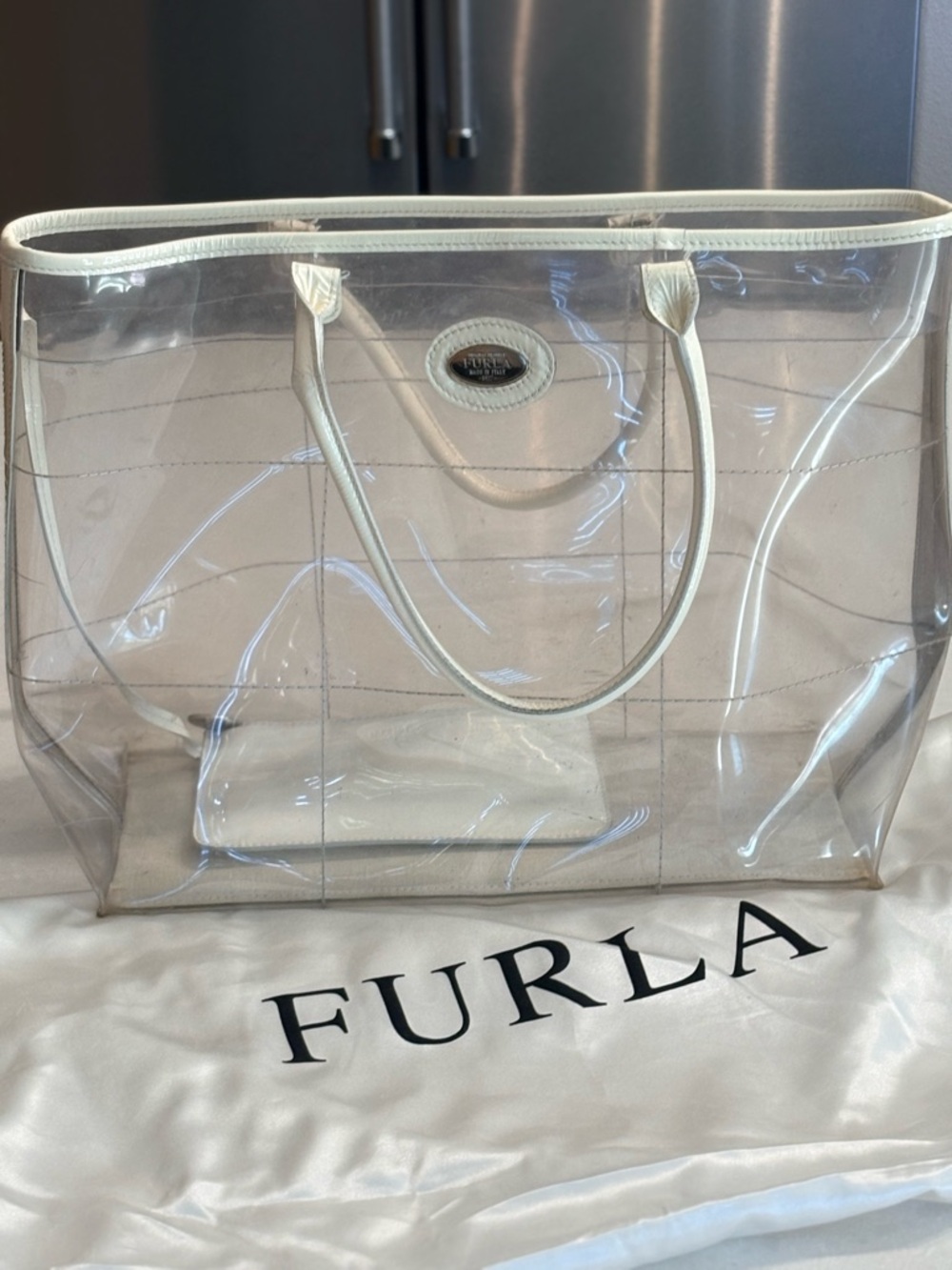 Authentic Furla Transparent PVC Tote with Patent White Trim